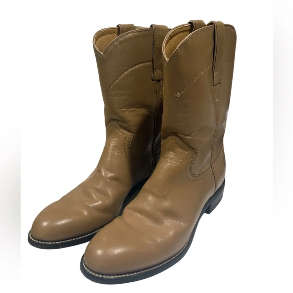 Justin Junior Western Boots Size 5.5 Tan Leather Mid Calf‎ Round Toe Cowboy